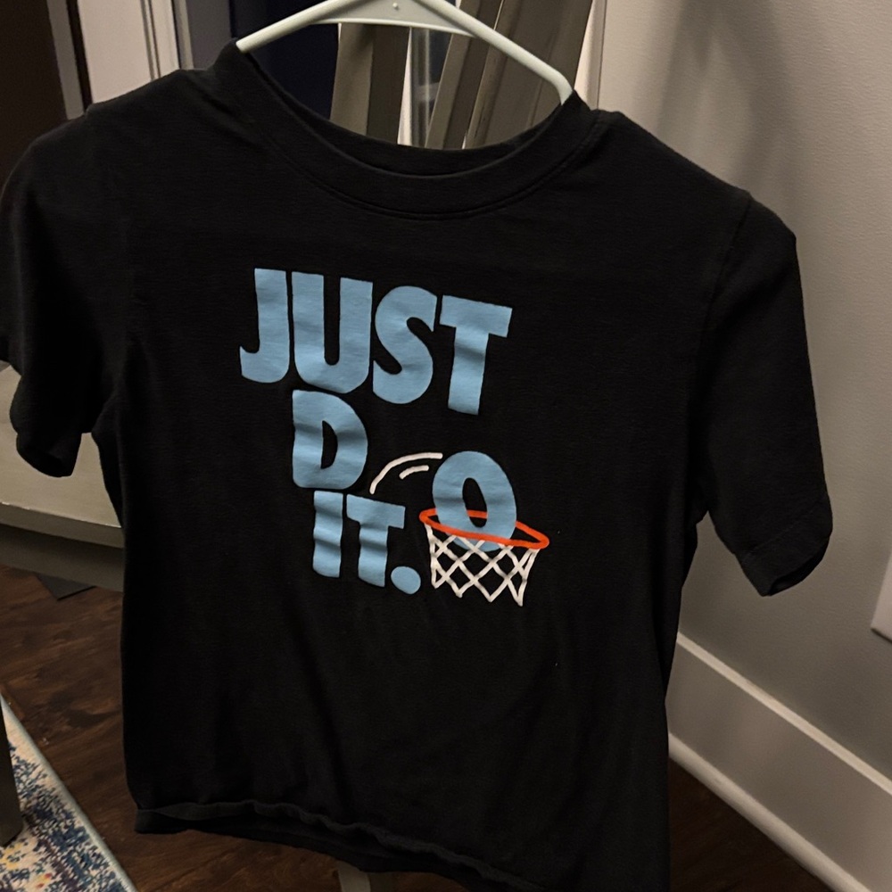 Nike Black Tee with Blue 'Just Do It' and Basketball Hoop